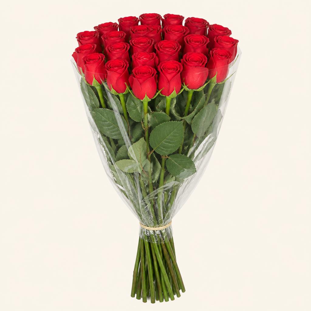 Simple bouquet of red roses in kraft paper