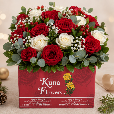 Red and white rose bouquet in Kuna Flowers branded box